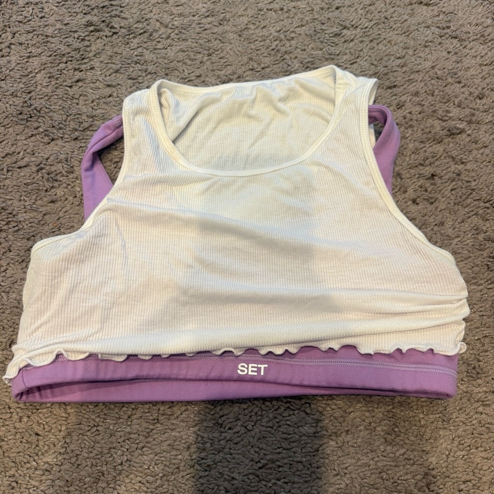 SET White Ribbed Crop Tank with Lavender Sports Bra